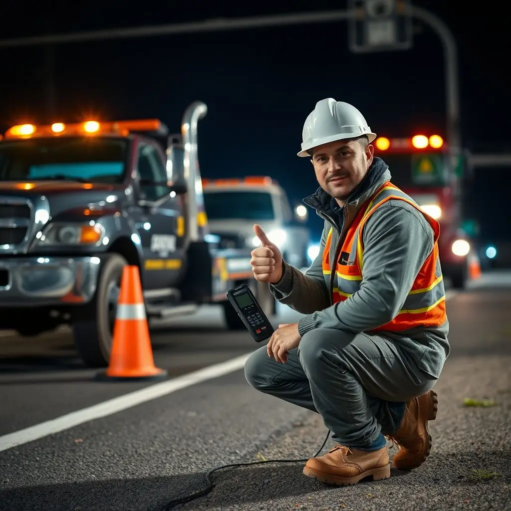 A professional tow truck operator in a safety vest performing a tire change for a grateful driver on a Nampa street.