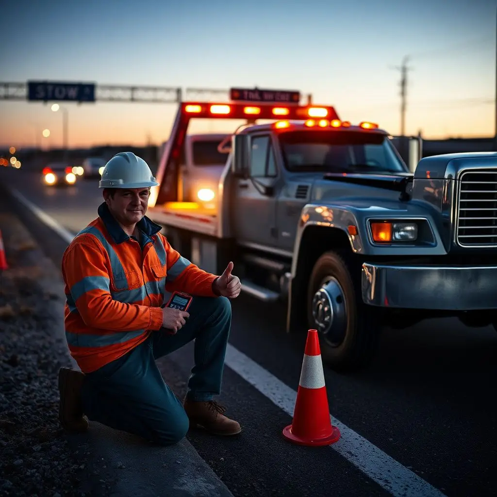 A professional tow truck operator securing a vehicle for transport on a rural Owyhee County highway.