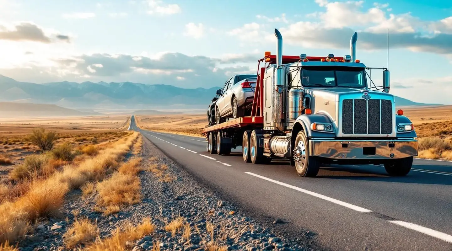 Brother's Towing flatbed truck hauling a vehicle long distance on I-84 near Boise under a sunset sky.