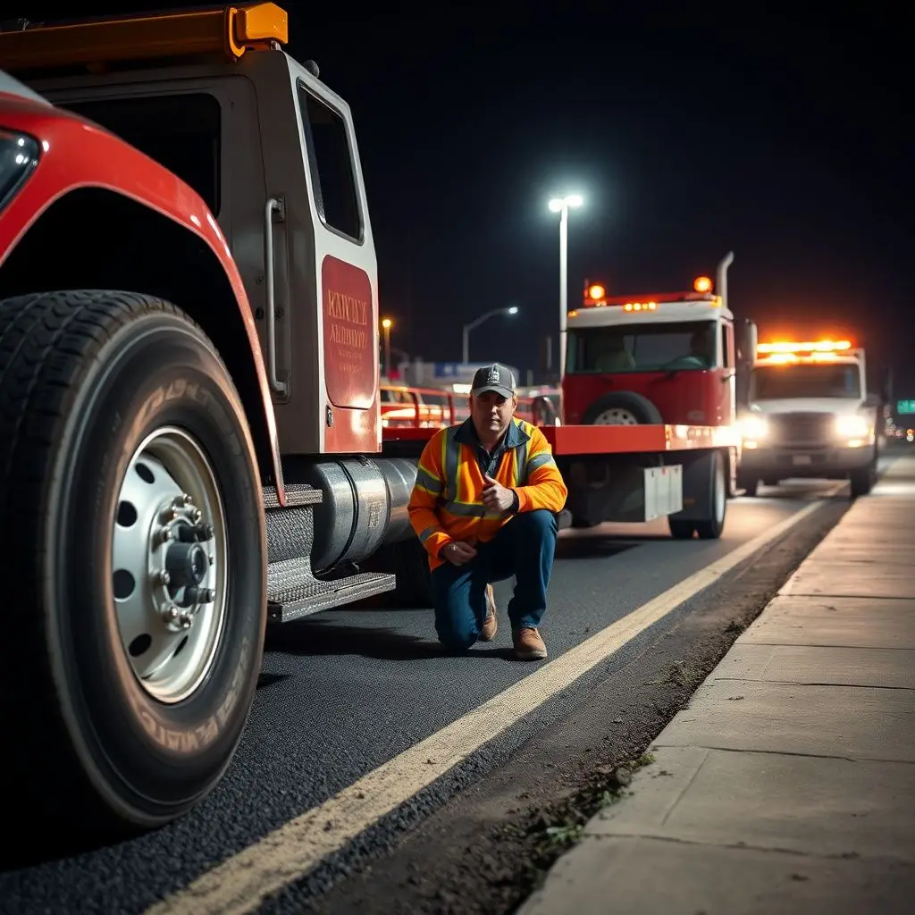 A tow truck operator using a winch-out recovery system to safely pull a vehicle from a shallow irrigation ditch along a rural Meridian connector road.
