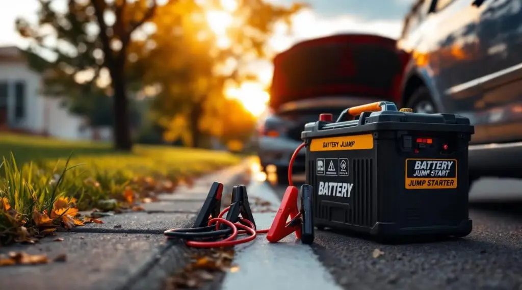 A Brother's Towing technician connecting professional-grade booster cables to a car battery in a Boise neighborhood.