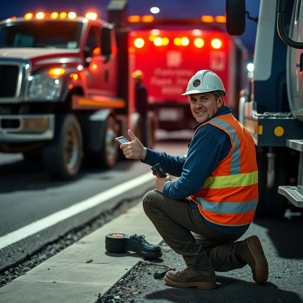 A professional tow truck operator securing a vehicle for transport on a rural gravel road near Bowmont.