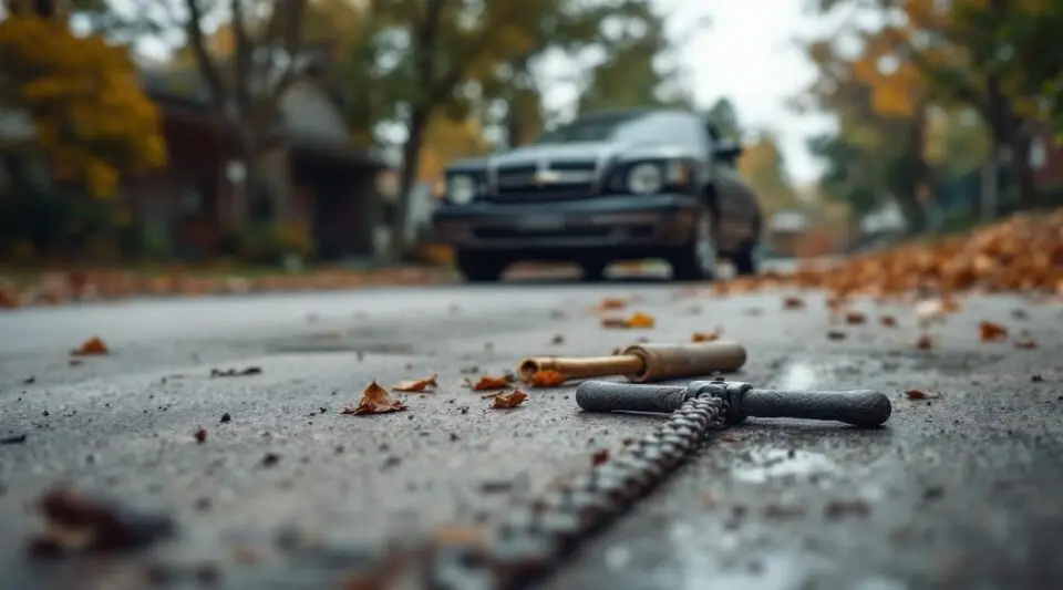 A Brother's Towing flatbed truck carefully loading a rusted vintage sedan from a suburban Boise driveway at sunset.