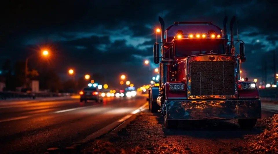 A professional Brother's Towing flatbed truck with amber lights flashing on a Boise street at dusk.
