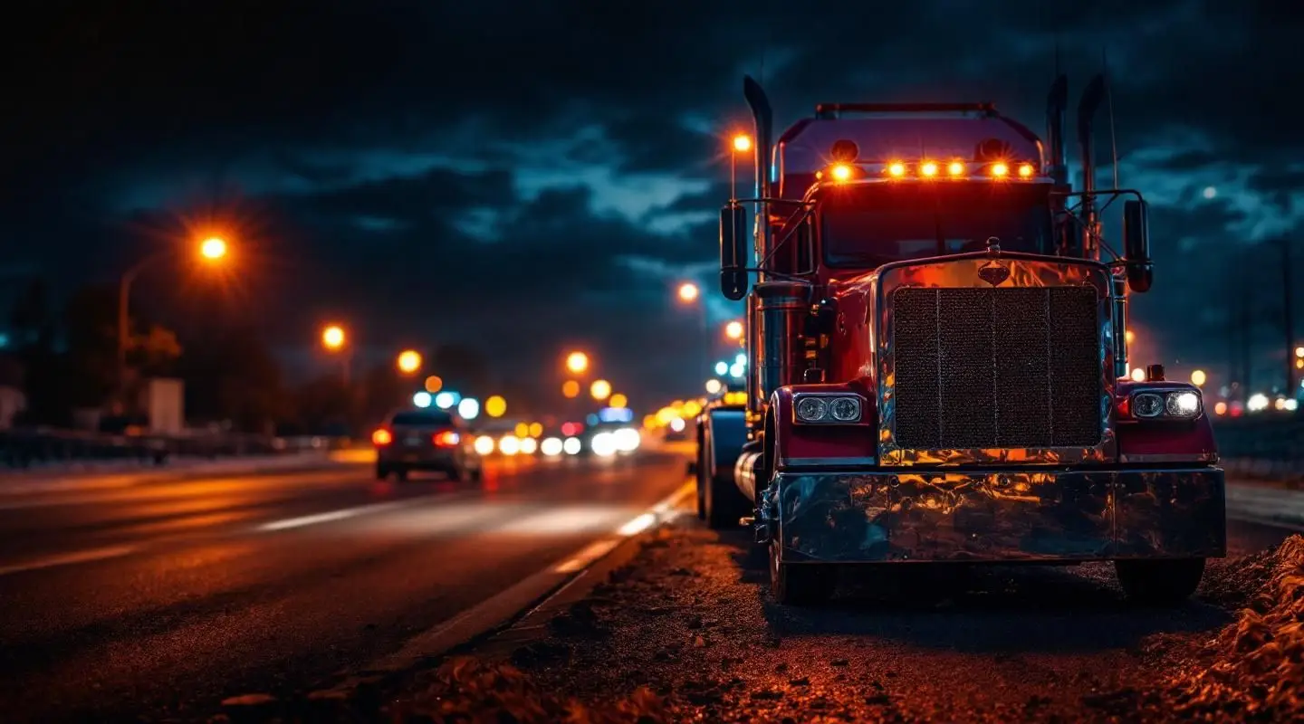 A professional Brother's Towing flatbed truck with amber lights flashing on a Boise street at dusk.