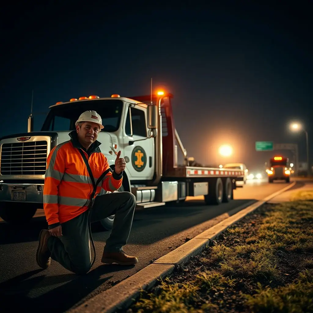 A professional tow truck operator in high-visibility gear performing a safety check on a vehicle before transport on a Kuna street.